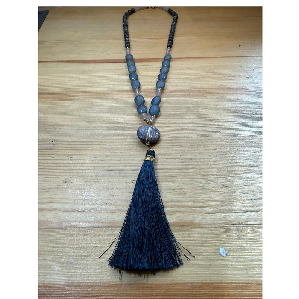 LOFT Long Tassel Necklace Blue Beaded Boho Statement Pink Accent